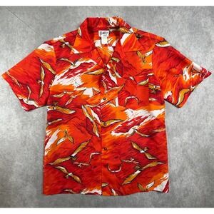 Keliis of Hawaii Vintage Mens Large Aloha Shirt Red Orange Seagull Print 70s